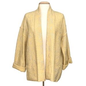 Chicos‎ Womens Sweater Jacket L Yellow Silver Metallic Sparkle Wool Ope Classi